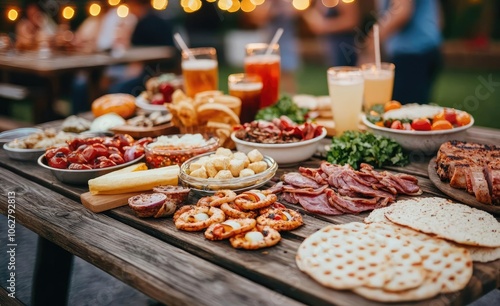 A vibrant array of delicious foods and drinks on a wooden table outdoors.