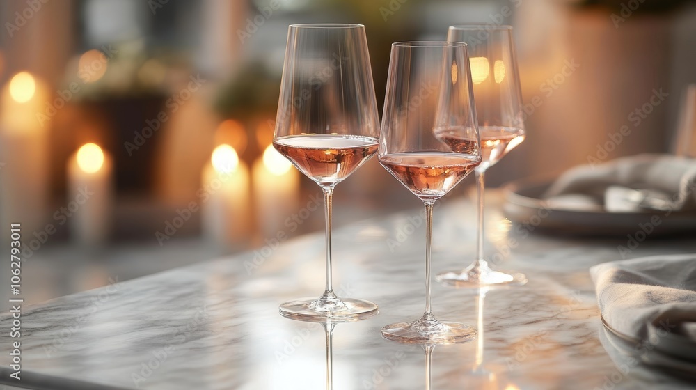 Obraz premium Luxury wine glasses on a marble dining table with soft lighting to evoke sophistication and elegance
