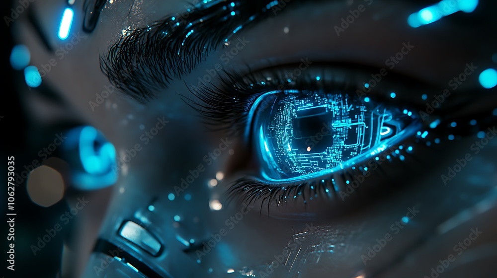 Close-up of an AI robot’s illuminated eyes, showcasing highly detailed circuitry and mechanics on its face, dark sci-fi background, subtle neon blue highlights, sharp focus on metallic textures, Close-up of an AI robot’s illuminated eyes, showcasing highly detailed circuitry and mechanics on its face, dark sci-fi background, subtle neon blue highlights, sharp focus on metallic textures,