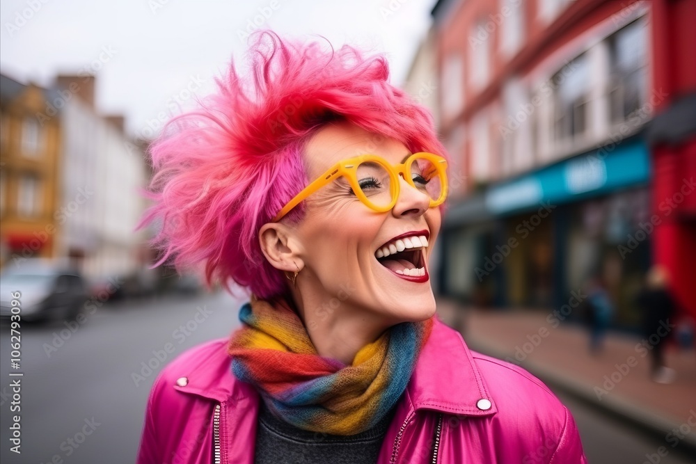 Portrait of a happy young woman with pink hair on the street Portrait of a happy young woman with pink hair on the street