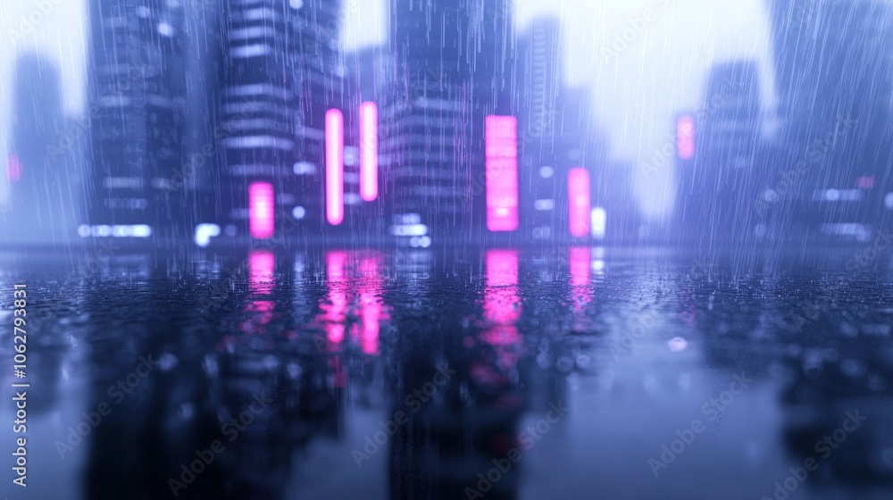 Naklejka premium Moody Lofi Cityscape: 3D Render of Rainy Day with Neon Lights Reflected in Puddles - Ultra-Detailed Illustration for Introspective Vibes