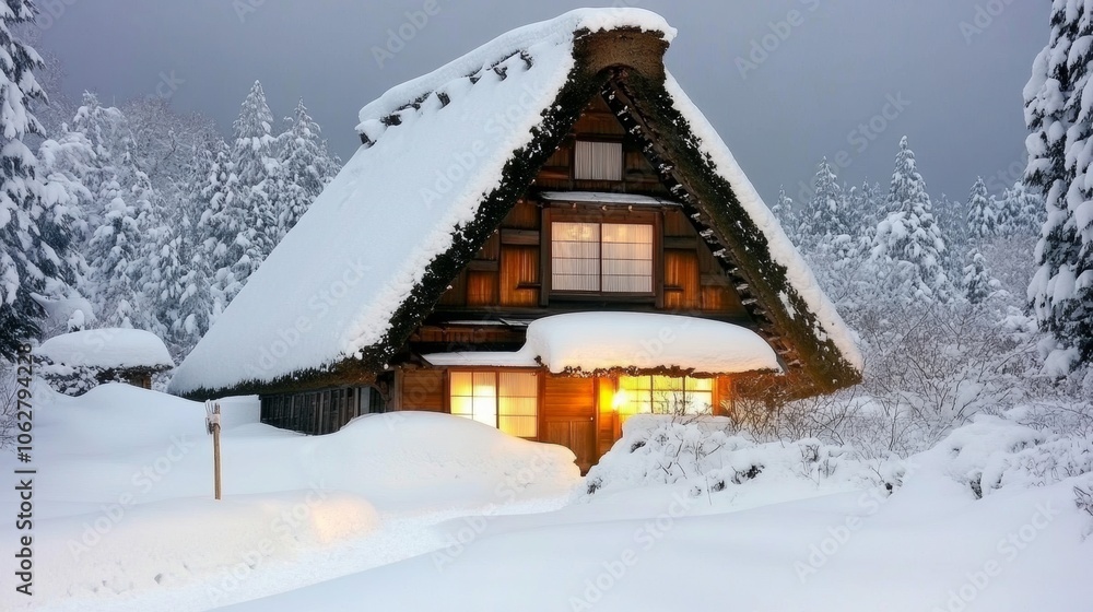 Traditional Japanese House Covered in Snow with Warm Interior Lights Traditional Japanese House Covered in Snow with Warm Interior Lights