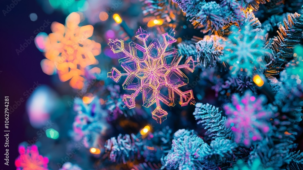 Naklejka premium Futuristic Christmas: Artificial Snowflakes Cascading on Cyberpunk Tree with Vibrant Neon Lights