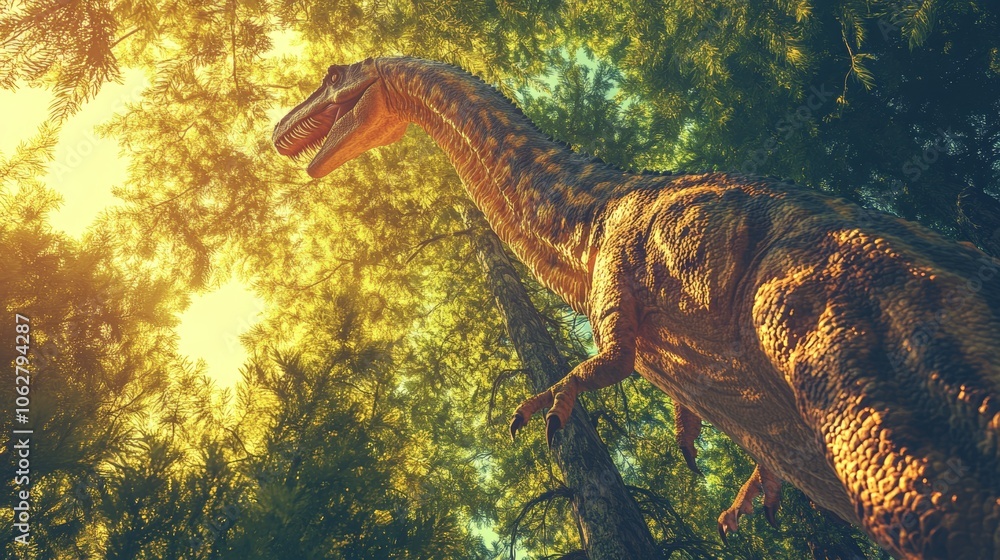 Dinosaur in a Forest with Sunlight Shining Through the Trees Dinosaur in a Forest with Sunlight Shining Through the Trees