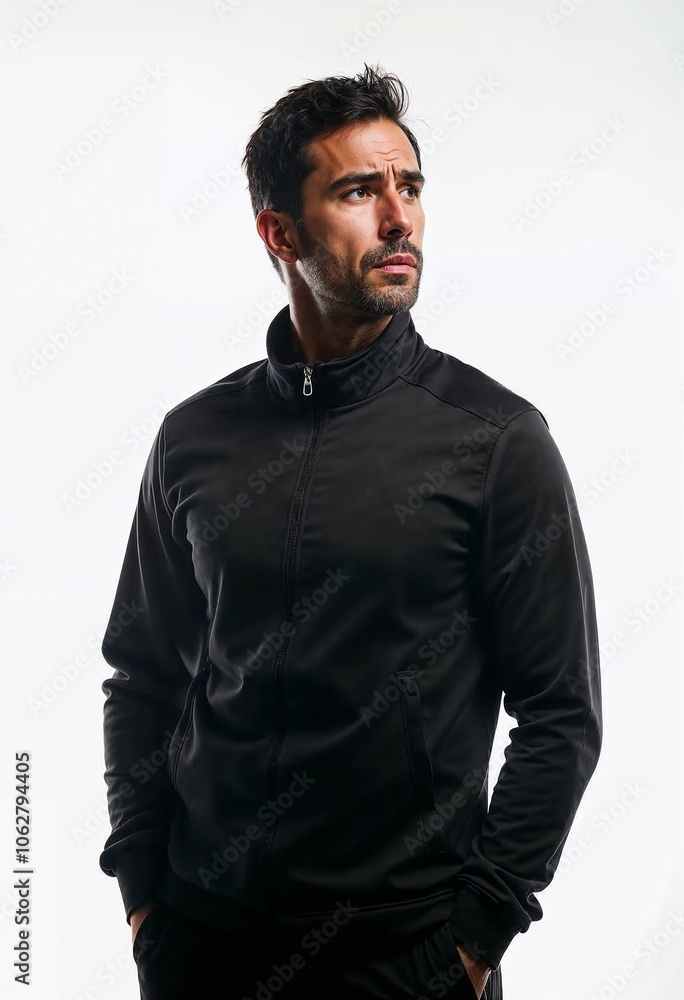 Hispanic male soccer coach in studio, short black hair, wearing a black tracksuit, looking sideways with a doubtful expression. Studio lighting highlights his features against a white background. Hispanic male soccer coach in studio, short black hair, wearing a black tracksuit, looking sideways with a doubtful expression. Studio lighting highlights his features against a white background.