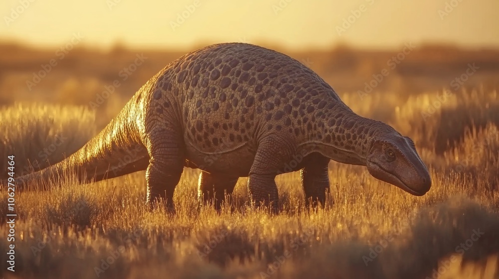 Fototapeta premium Prehistoric Dinosaur in Grassy Field at Sunset