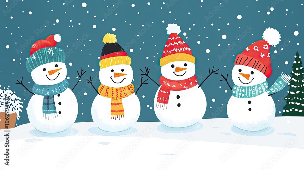 Playful snowmen with colorful scarves and hats in a snowy Christmas card background, snowmen, Christmas, card, background, playful. Playful snowmen with colorful scarves and hats in a snowy Christmas card background, snowmen, Christmas, card, background, playful.
