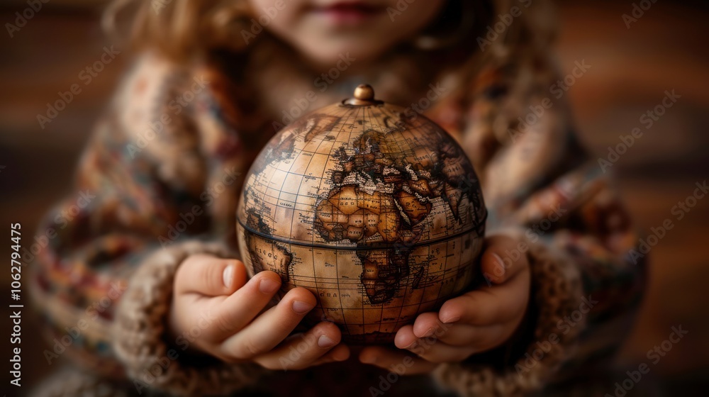 Small hands clutch a globe, symbolizing a commitment to protecting and caring for the planet for future generations. Small hands clutch a globe, symbolizing a commitment to protecting and caring for the planet for future generations.