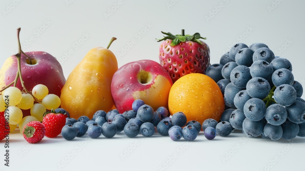 A juicy assortment of fresh fruits such as pear, grape, strawberry, orange on a white table with clear space for text, perfect for adding marketing or advertising text. A juicy assortment of fresh fruits such as pear, grape, strawberry, orange on a white table with clear space for text, perfect for adding marketing or advertising text.