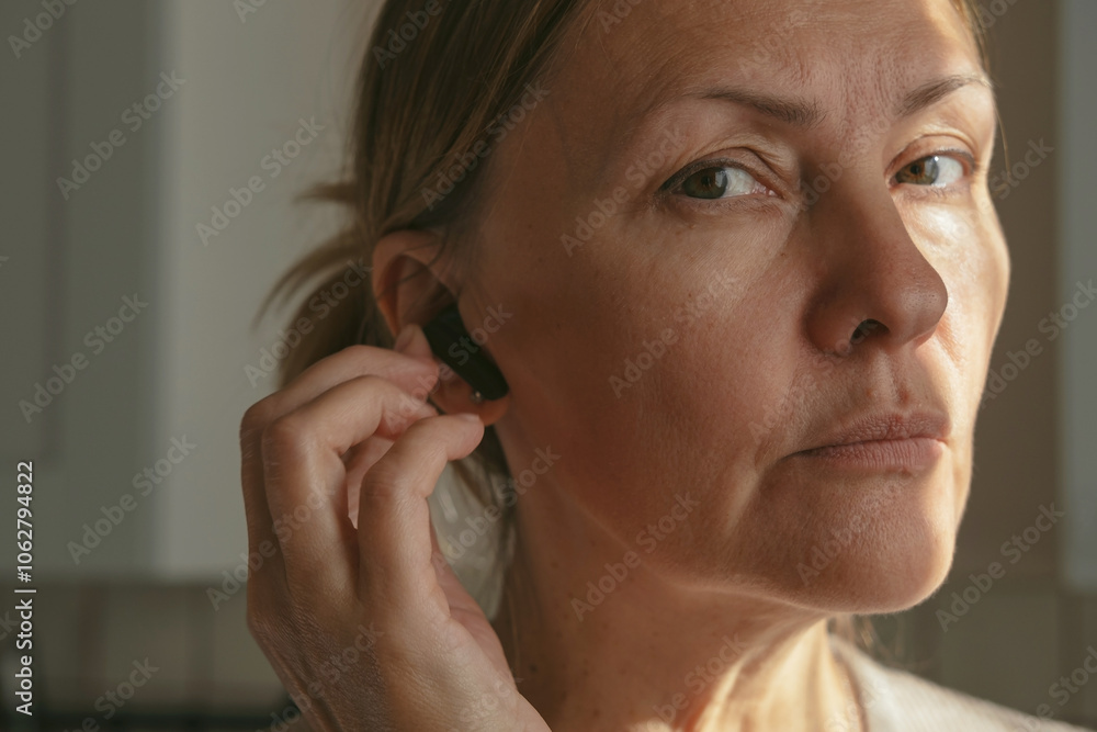 Mature woman in headphones enjoying music at home. Caucasian middle-aged freelancer listening to podcast radio e-book playlist online in mobile application.