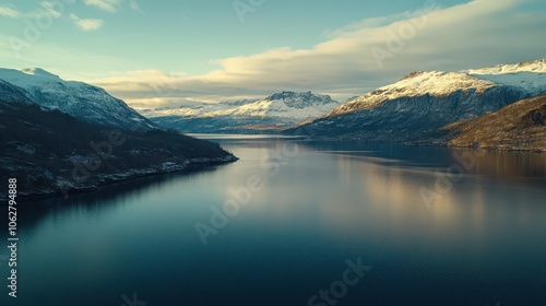 Aerial View of a Pristine Norwegian Fjord: Golden Hour Reflection, Snow-Capped Mountains, Dramatic Cliffs, and Soft Clouds in Ultra-Detailed 8K Photography.