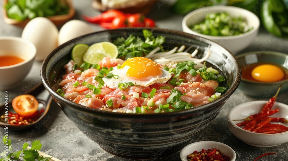 A delicious and nutritious bowl of Asian noodles topped with a runny poached egg, chunks of meat and fresh herbs placed on a wooden table is perfect for highlighting the mouthwatering dish. A delicious and nutritious bowl of Asian noodles topped with a runny poached egg, chunks of meat and fresh herbs placed on a wooden table is perfect for highlighting the mouthwatering dish.