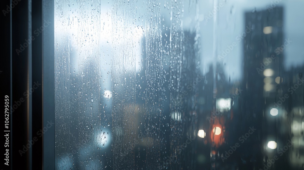 Naklejka premium Serene Rainy Night: Lofi Aesthetic 3D Render of Rain-Covered Window with Blurred City Lights in Distance - Ultra-Detailed Illustration