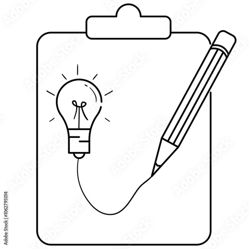 Idea Sketch: A simple line drawing of a clipboard with a pencil and a lightbulb, symbolizing the spark of creativity and innovation.  