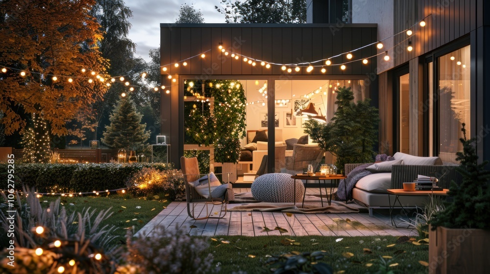 a cozy backyard with sofas and a garden decorated with beautiful garden lights. a cozy backyard with sofas and a garden decorated with beautiful garden lights.
