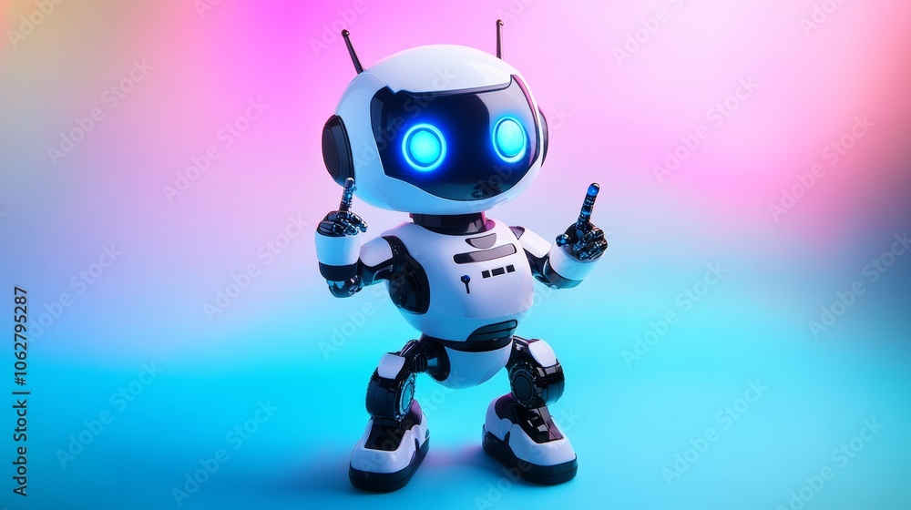 Studio portrait photo of a futuristic positive cute robot with glowing blue eyes pointing to its head in a thinking pose studio shot set against a soft colorful background Studio portrait photo of a futuristic positive cute robot with glowing blue eyes pointing to its head in a thinking pose studio shot set against a soft colorful background
