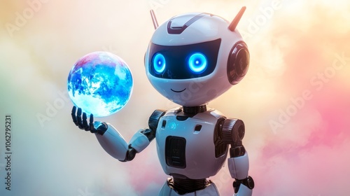 Studio portrait photo of a futuristic positive cute robot with glowing blue eyes holding a holographic globe in one hand studio shot set against a soft colorful background