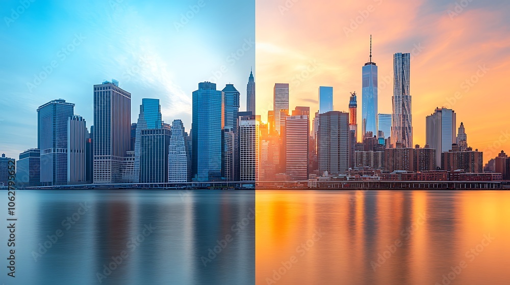 Fototapeta premium City skyline through the day; first with early morning light casting soft shadows on the buildings, second with intense midday sun and clear blue sky,