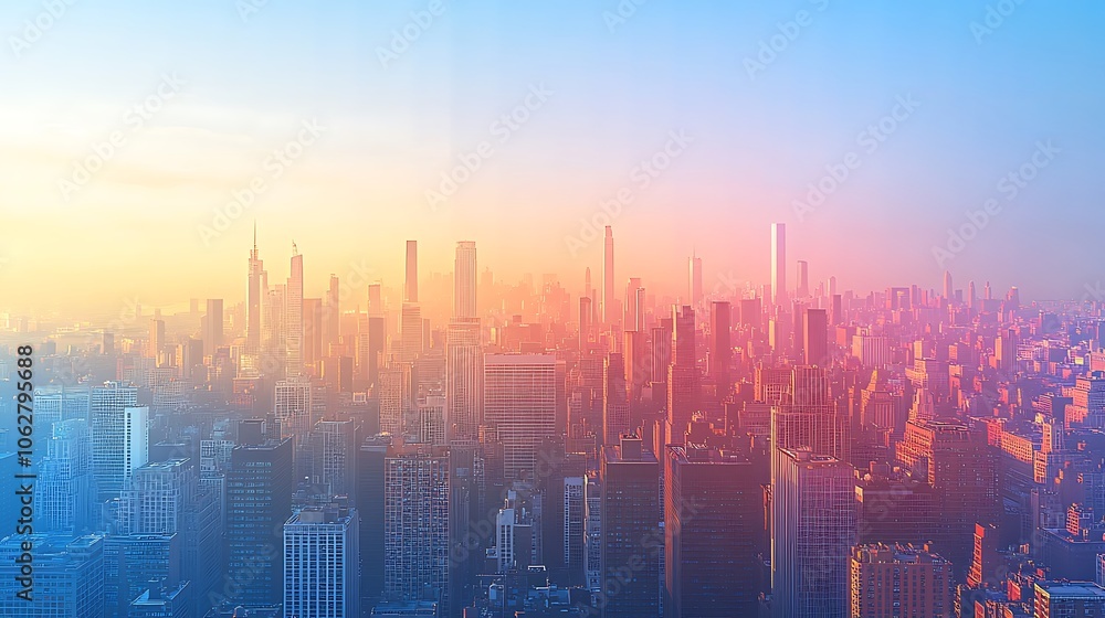 City skyline through the day; first with early morning light casting soft shadows on the buildings, second with intense midday sun and clear blue sky, City skyline through the day; first with early morning light casting soft shadows on the buildings, second with intense midday sun and clear blue sky,