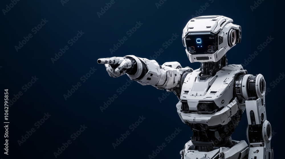 Studio portrait photo of a futuristic robot pointing at you studio shot isolated over deep navy blue background Studio portrait photo of a futuristic robot pointing at you studio shot isolated over deep navy blue background