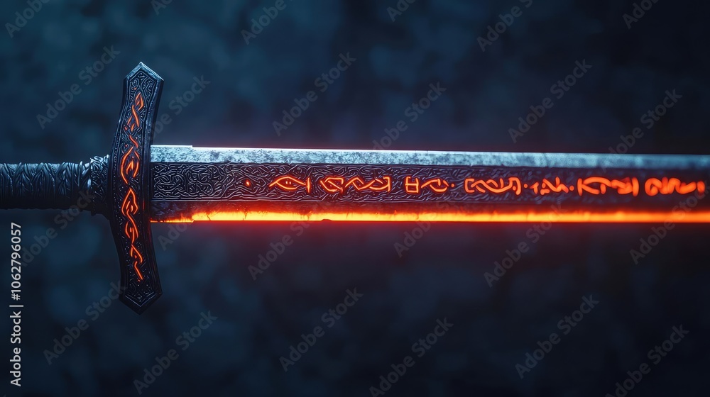 Fantasy sword with glowing orange details on a dark textured background. Fantasy sword with glowing orange details on a dark textured background.