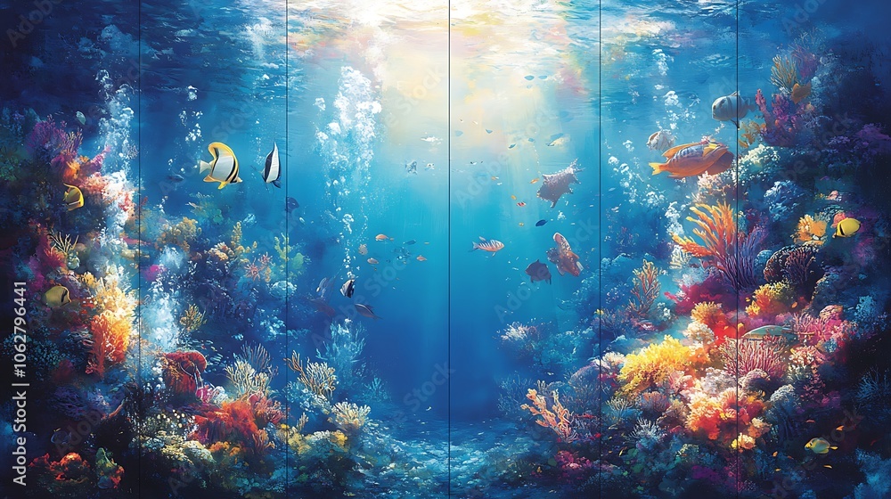 Diver’s adventure in the ocean; first panel with a descent into the deep blue, middle with exploration of bright coral reefs with diverse fish and sea creatures, Diver’s adventure in the ocean; first panel with a descent into the deep blue, middle with exploration of bright coral reefs with diverse fish and sea creatures,