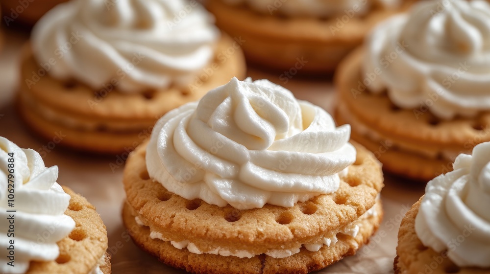 Delicious cookies topped with swirls of white cream cheese frosting resting on dark surface Delicious cookies topped with swirls of white cream cheese frosting resting on dark surface