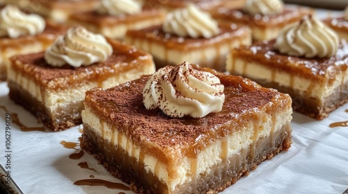 Delicious caramel and cocoa powder cheesecake bars displayed on baking paper