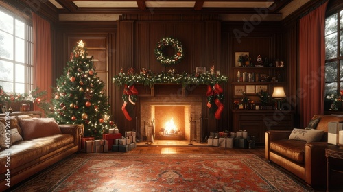 Cozy christmas interior living room with burning fireplace and decorated christmas tree photo