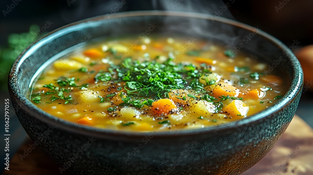 A close-up view of a steaming hot bowl of homemade vegetable soup,filled with a variety of colorful and nutritious ingredients like root vegetables,leafy greens,and aromatic herbs. A close-up view of a steaming hot bowl of homemade vegetable soup,filled with a variety of colorful and nutritious ingredients like root vegetables,leafy greens,and aromatic herbs.
