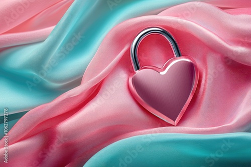 Heart shaped padlock resting on pink and blue silk background symbolizing locked love photo