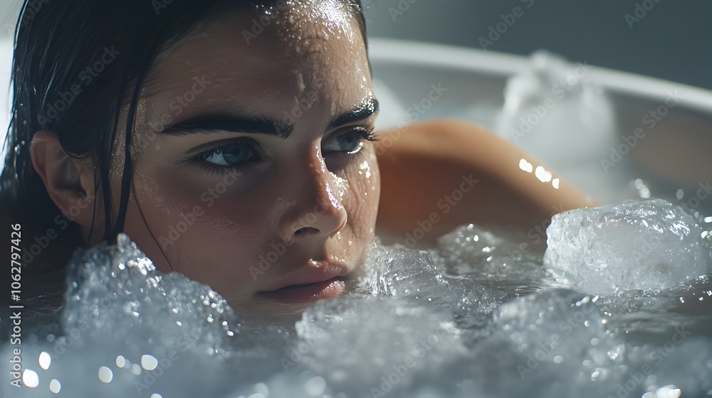 Frozen Reverie Woman Submerged in Ice Filled Bathtub Amid Minimalist Bathroom Setting Frozen Reverie Woman Submerged in Ice Filled Bathtub Amid Minimalist Bathroom Setting