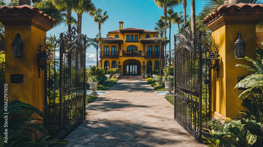 Fototapeta premium Luxurious hacienda inviting guests through open gates on a sunny day