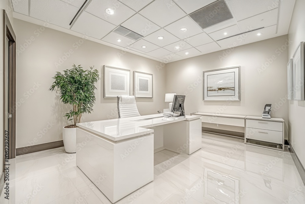 Fototapeta premium Modern white office interior design with desk and computer