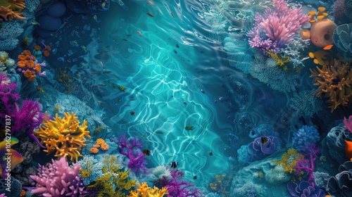 Fototapeta Naklejka Na Ścianę i Meble -  A top view of a vibrant coral reef with colorful marine life and crystal-clear water, providing a breathtaking underwater scene