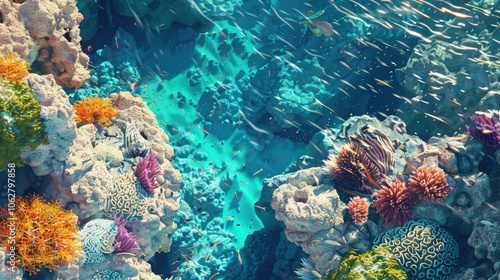 Fototapeta Naklejka Na Ścianę i Meble -  A top view of a vibrant coral reef with colorful marine life and crystal-clear water, providing a breathtaking underwater scene