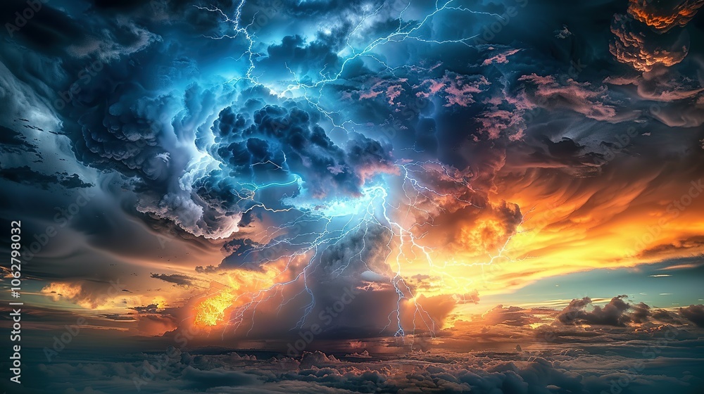 A dramatic sky filled with storm clouds and lightning strikes, illuminated by a vibrant sunset A dramatic sky filled with storm clouds and lightning strikes, illuminated by a vibrant sunset
