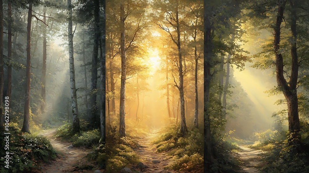 Fototapeta premium Forest scenes at sunrise, midday, and sunset; morning mist and warm sunrise colors, noon with bright light and lush green undergrowth, and evening with the forest bathed in golden light,