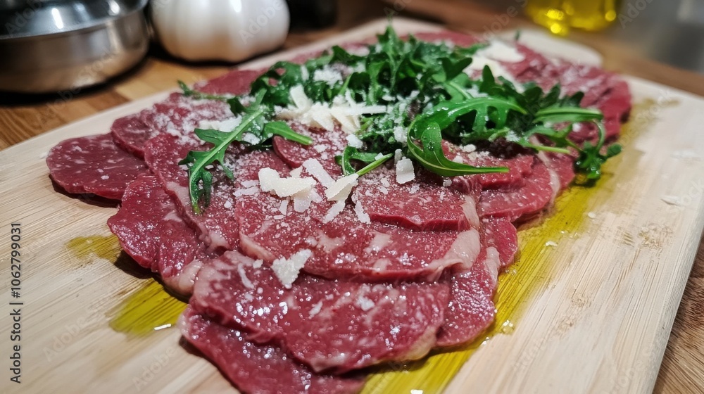Italian beef carpaccio with thinly sliced beef, arugula, Parmesan shavings, and olive oil drizzle Italian beef carpaccio with thinly sliced beef, arugula, Parmesan shavings, and olive oil drizzle