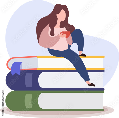  girl sitting on big books