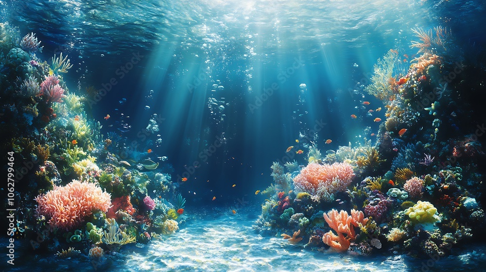 Naklejka premium Life in the ocean captured in three stages; surface panel with clear blue water and sunlight, coral reef filled with clownfish and sea anemones in the middle,