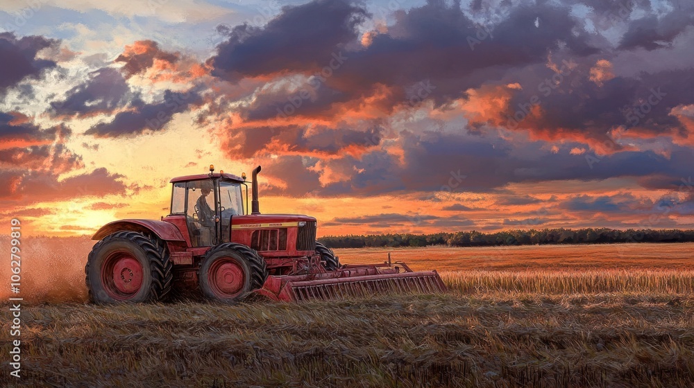 Fototapeta premium A red tractor plows a field at sunset, with a dramatic sky in the background.