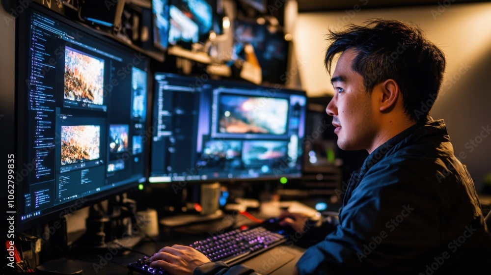 Man Working Late On Computer With Multiple Screens Man Working Late On Computer With Multiple Screens