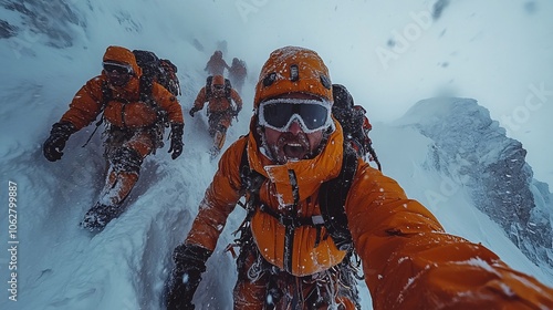 Team of Climbers on Everest's Icy Path