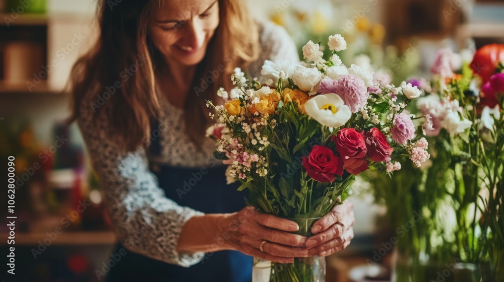 Woman Arranging Colorful Flowers in a Vase Woman Arranging Colorful Flowers in a Vase