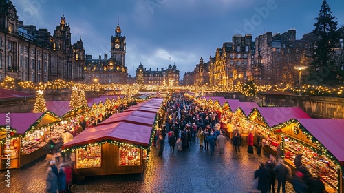 Festive Christmas Market in Edinburgh, Scotland at Dusk