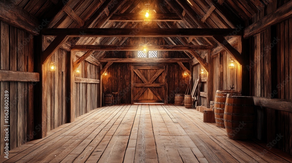 A rustic wooden interior of a medieval barn with a wooden door, barrels, and a window. A rustic wooden interior of a medieval barn with a wooden door, barrels, and a window.