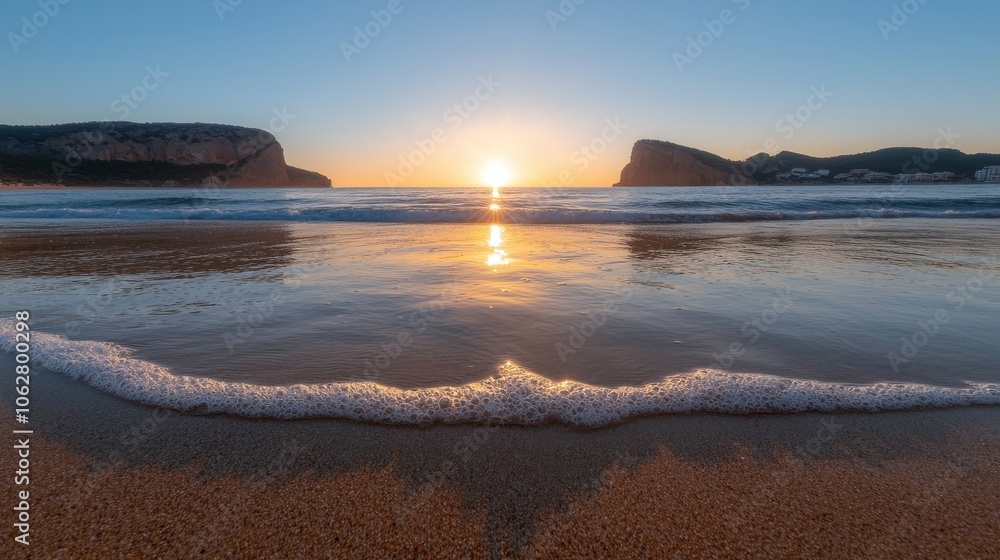 Experience the tranquil beauty of a sunset reflection over a serene beach landscape Experience the tranquil beauty of a sunset reflection over a serene beach landscape