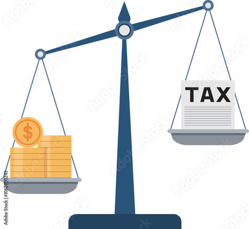 Scales imbalance with tax paper and cash money.