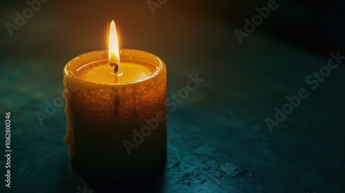 Single Candle Burning on Dark Background